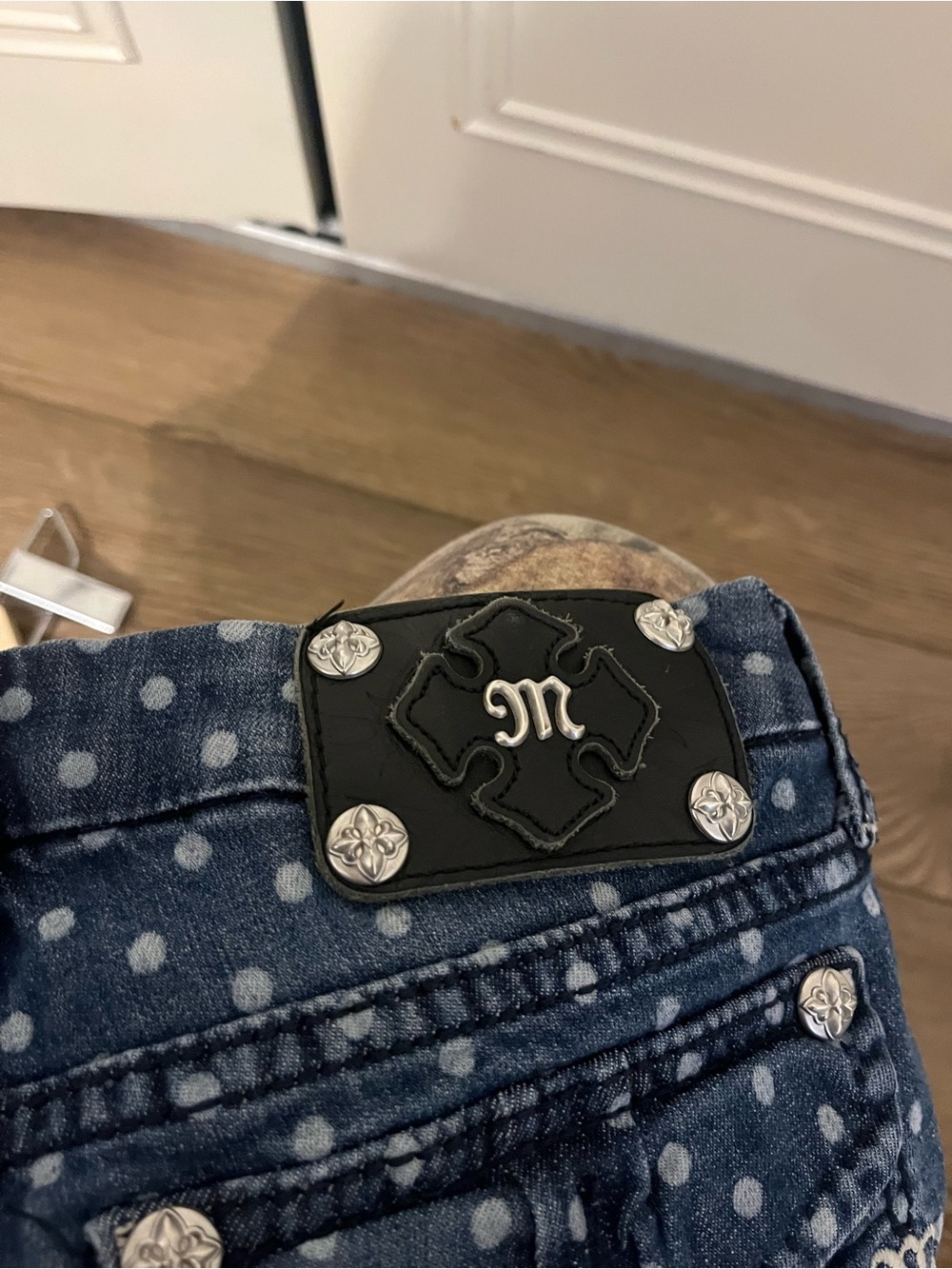 Miss Me Blue Polka Dot Denim Shorts - Picture 3 of 4